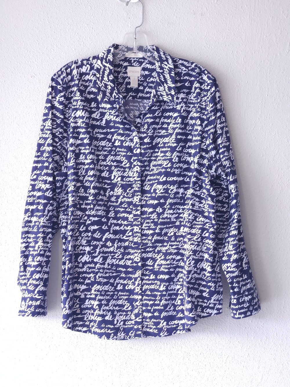 Chico's Size 3 Navy Script-Print Button-Up Shirt No-Iron Cotton Collection